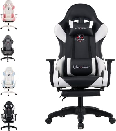 FOXSPORT Gamestoel - Gaming Chair - Ergonomisch - Verstelbaar - Met lendensteun en hoofdsteun - Met voetsteun - Bureaustoel - Racing -Wit/Zwart