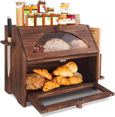 Famanu - Broodtrommel van hout groot met 2 etages met magnetisch transparant venster broodopbergdoos keuken broodopslag brooddoos brooddoos 39 x 24 x 32 cm | Luxe opberger, modern design voor keuken en dagelijks gebruik