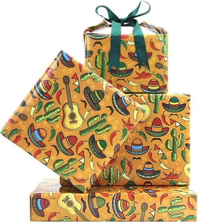 Feestelijke Inpakpapier voor Mexicaanse Thema's met Cactus, Chili Peper en Sombrero - Perfect voor Cinco de Mayo, Verjaardagen en Feestdecoratie