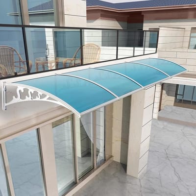 Deurluifel - Regenscherm Veranda - Buiten Leven - UV-Bescherming - 60 x 290 cm - Blauw Paneel Grijs Beugel