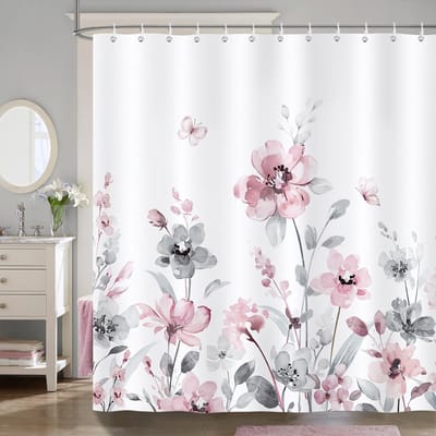 Dailygoods- Douchegordijn Waterdicht 180x180 cm - Grijs/Roze Bloem - Anti Schimmel - Wasbaar - Inclusief 12 Haken - Eenvoudig te Installeren - Badgordijn