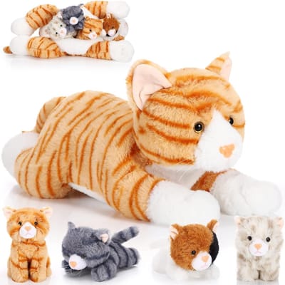 5-delige Grote Pluche Kat Set met 4 Zachte Kittens en Fluffy Moeder, Schattig Cadeau voor Verjaardag en Dierenliefhebbers
