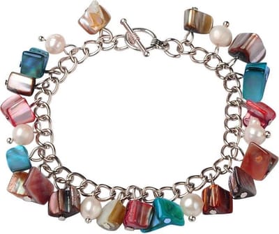 Zoetwaterparel en parelmoeren armband Pearl Color Shell Chip - echte parels - parelmoer - wit - multi color - zilver - bedelarmband - sieraden zakje