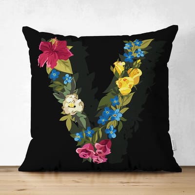 Velvet Kussenhoesjes - kussenhoes - Letter V van bloemen op zwart - 45x45 cm - Kussenloop - Fluweel - Valentijn Cadeau