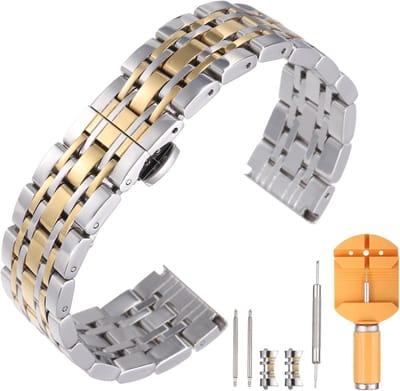 Roestvrijstalen horlogeband 22 mm met snelsluiting, gepolijste metalen armband en vlindergesp, inclusief verwijderingsgereedschap, zilver/goud