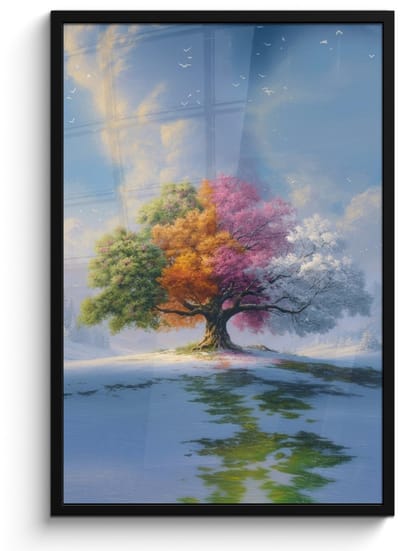 Poster in lijst - Fotolijst 60x90 cm - Posters - Boom - Seizoenen - Winter - Landschap - Posterlijst zwart - Decoratie - Wanddecoratie woonkamer - Muurdecoratie slaapkamer