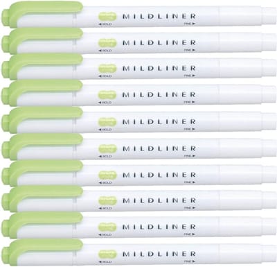 Zebra Mildliner Double-Sided Highlighter - Fine / Bold – Mild Green Set van 10 + een Luxe Zipperbag - WKT7-MG