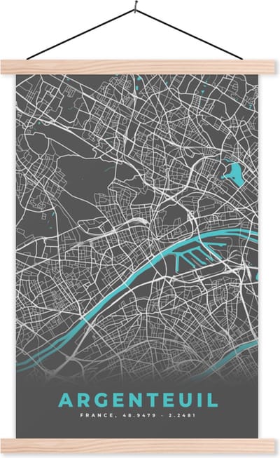 Posterhanger incl. Poster 40x60 cm - Schoolplaat - Argenteuil - Frankrijk - Plattegrond - Stadskaart - Kaart - Textielposter - Blanke latten - Stadskaart