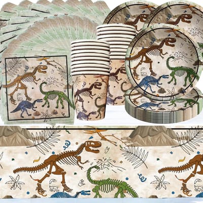 Dino Fossielen Feestservies voor Jongens, Archeologisch Thema met Borden, Servetten, Bekers en Tafelkleed, Geschikt voor 20 Personen Verjaardagsfeest