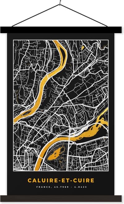 Posterhanger incl. Poster 40x60 cm - Schoolplaat - Kaart – Stadskaart – Frankrijk – Caluire-er-Cuire - Plattegrond - Textielposter - Zwarte latten - Stadskaart