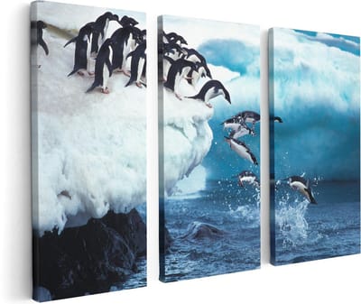 Artaza Canvas Schilderij Drieluik Kudde Pinguïns Springen vanaf een Rots - 120x80 - Foto Op Canvas - Canvas Print
