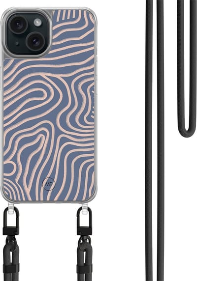 Hoesje met koord geschikt voor iPhone 13 - Flowing lines - Inclusief zwart koord - Crossbody beschermhoes - Transparant, Paars - Mooie Telefoonhoesjes