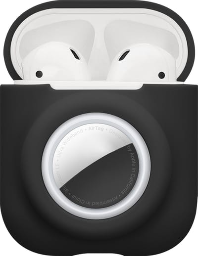 kwmobile oordopjes case geschikt voor Apple Airpods 1 & 2 hoesje - Oortjes cover met AirTag houder - In-ear koptelefoon hoes - Silicone in zwart