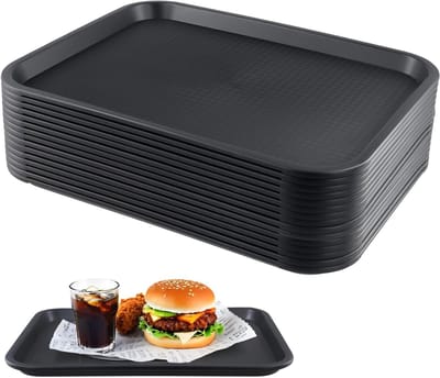 15 Stuks Zwarte Plastic Fastfood Dienbladen 35 x 27 cm, Ideaal voor Cafeteria en Restaurantgebruik, Duurzaam en Lichtgewicht