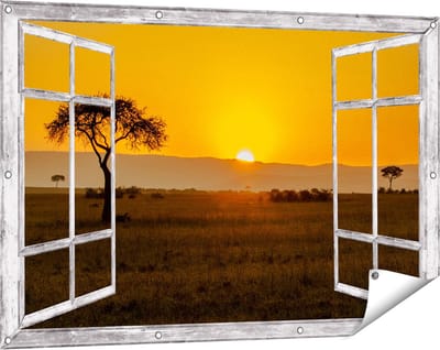 Gards Tuinposter Doorkijk Zonsopgang in de Savanne met een Boom - 120x80 cm - Tuindoek - Tuindecoratie - Wanddecoratie buiten - Tuinschilderij