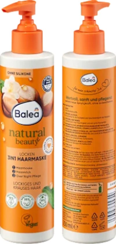Balea Natural Beauty 3-in-1 Haarmasker | 1x 250 ml | Vegan Haarkuur voor krullend en pluizend haar - Siliconenvrij - Met Bio-Macademia-olie