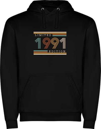 Zwarte unisex hoodie met “ Kleurrijke Limited Edition 1991 – Verjaardag – Leeftijd – Humor “ Print Full Color Color merk Roly maat S