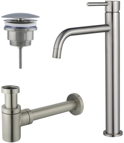 FugaFlow Eccelente Sobrado Badkamer Slim Wastafelkraanset - verhoogde wastafelkraan - always open plug - verlaagde design sifon - PVD Geborsteld RVS