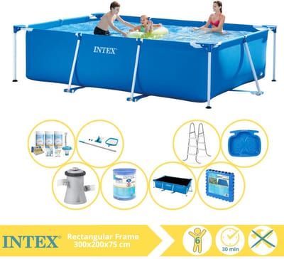 Intex Rechthoekig Frame Zwembad - 300 x 200 x 75 cm - Blauw - Inclusief Solarzeil - Onderhoudspakket - Zwembadfilterpomp - Filter - Schoonmaakset - Ladder - Voetenbad - Vloertegels - 9-delig