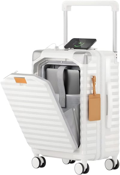 Handbagagekoffer – Voor reizigers – Lichtgewicht en duurzaam – Harde witte schaal met vooropening, stofkap, bekerhouder, TSA-slot en stille spinnerwielen (51 cm)