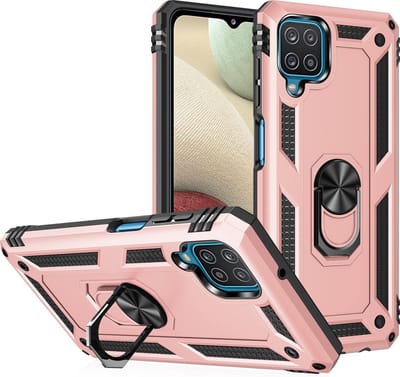 Hoesje Geschikt Voor Samsung Galaxy A12 Hoesje - Galaxy A12 Rose Goud hoesje Anti-Shock Hybrid Armor case Ring houder TPU backcover met kickstand