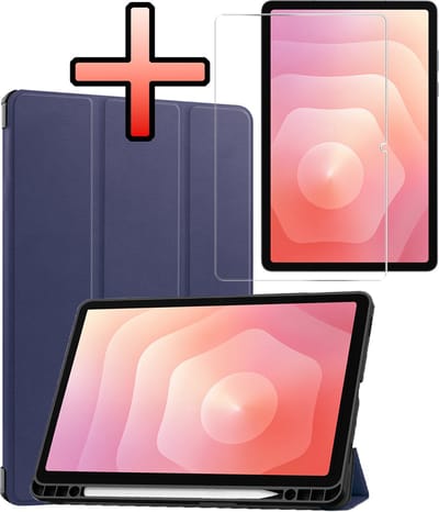 Hoes - Geschikt voor Samsung Galaxy Tab S11 - Met Screenprotector - Trifold Bookcase - Hard Cover Case - Met Uitsparing Geschikt voor S Pen - Hardcover Book - Tablet Hoesje - Donkerblauw