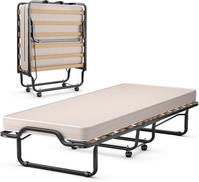 COSTWAY 80 x 200 cm logeerbed, inklapbaar, opvouwbaar met matras van terugstelschuim, opklapbed met stevig stalen frame, tot 120 kg belastbaar, metalen bed op wielen, voor kantoor, logeerkamer