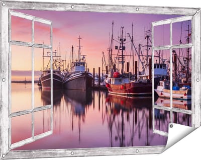 Gards Tuinposter Doorkijk Schepen in de Haven - Boten - 120x80 cm - Tuindoek - Tuindecoratie - Wanddecoratie buiten - Tuinschilderij