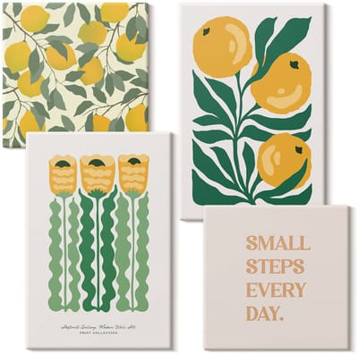 Wallfluent Set van canvas schilderijen - Plantenpatronen met bloemen en bladeren posters Canvas Schilderijen Set - Set van 4 Canvas Schilderijen - Geel Set van Canvas Prints - Natuur Canvas Kunst Set - Boheemse Canvas Kunst Set