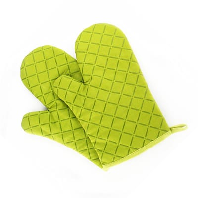 2 stuks ovenwanten met antislip siliconenprint, katoenen handschoenen, 1 paar hittebestendige kook-, bak- en grillhandschoenen (groen, 2 stuks)