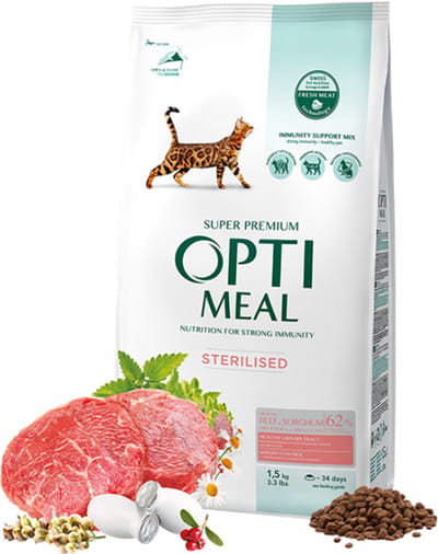 Optimeal Droogvoer voor Gesteriliseerde Katten – Rund & Sorghum – Super Premium Kattenvoer voor Volwassen Katten – Urinewegondersteuning & Gewichtscontrole 1.5kg
