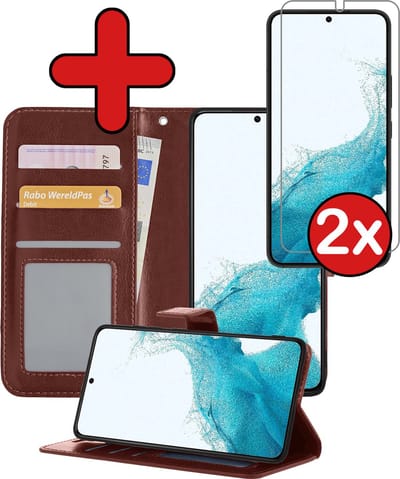 Hoesje - Met 2x Screenprotector - Geschikt voor Samsung Galaxy S22 - Luxe Pasjeshouder - Flip Case - Bookcase Portemonee - Kunstleer Book Case - Flipcase Hoes - Book Cover - Walletcase - Portemonneehoes - Telefoonhoes - Bruin