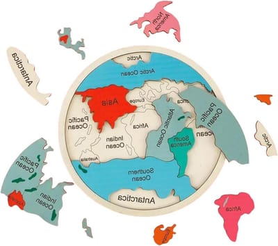 Wereldkaart Puzzel - Houten Geografie - Educatief Spel - Natuurlijk Hout - 31 x 31 cm - Multicolor