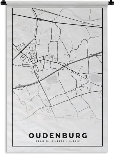 Wandkleed - Wanddoek - Zwart Wit – België – Plattegrond – Stadskaart – Kaart – Oudenburg - 120x180 cm - Wandtapijt