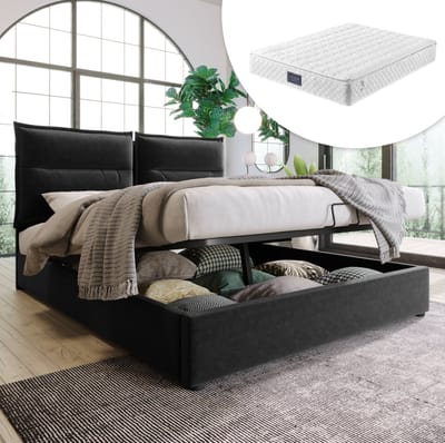 Hydraulisch tweepersoonsmatras, 140x200cm, verstelbaar hoofdeinde, metalen frame met lattenbodem, fluwelen bekleding, modern frame met opbergruimte, grote opbergcapaciteit, zwart (matras inbegrepen).