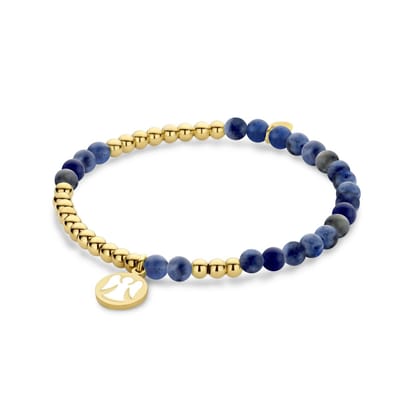 CO88 Collection 8CB-91271 Kralen Armband Staal en Lapislazuli met Hangertje - Engel - 10mm Doorsnee - 4 en 3,5mm - Rekbaar - 17,8cm - Goudkleurig;Blauw