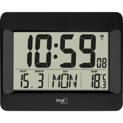 TFA Dostmann 60.4519.01 Wandklok Zendergestuurd 21.5 cm x 2.6 cm x 16 cm Zwart Groot display