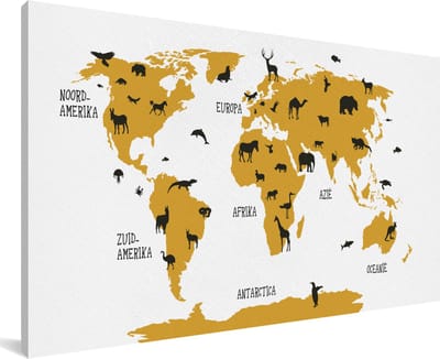 Grote wanddecoratie - Wereldkaart kinderkamer dieren canvas - 200x100 cm - XXL decoratie