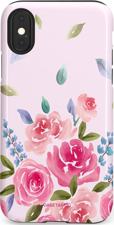 Casetastic hoesje geschikt voor Apple iPhone X / Apple iPhone XS - Dubbellaagse bescherming - Aquarel Bloesem - Fashion Case - Lichtroze Lila Saliegroen