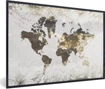 Poster in lijst - Fotolijst 90x60 cm - Posters - Wereldkaart - Bloemen - Goud - Posterlijst zwart - Decoratie - Wanddecoratie woonkamer - Muurdecoratie slaapkamer