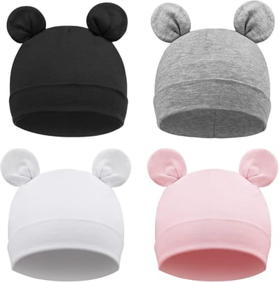 4 Pack Baby Beanie voor Pasgeborenen en Peuters - Zachte Gebreide Hoedjes met Berenoren voor Jongens en Meisjes, Ideaal voor Ziekenhuis en Dagelijks Gebruik