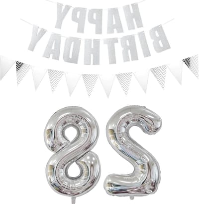 Feestelijke 28 Jaar Verjaardag Decoratie met 2 Zilveren Ballonnen, Happy Birthday Garland en Folie Banner voor Mannen en Vrouwen