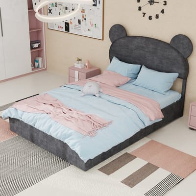 Tweepersoonsbedden - 140x200CM - Modern Minimalistisch Zacht Bed Cartoon Hoofdbord Hoge Box Met Gaslift - Grijs (Geen Matras)