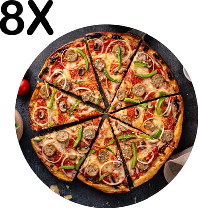 Luxe Ronde Placemat - Pizza in Punten Gesneden - Set van 8 Placemats - 50x50 cm - 2 mm dik Vinyl - Anti Slip - Afneembaar