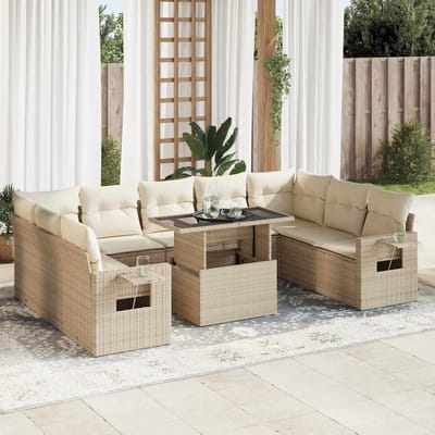 vidaXL - 10-delige - Loungeset - met - kussens - poly - rattan - beige