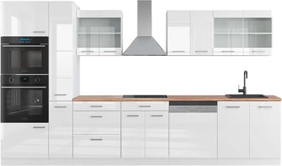 Vicco R-Line Complete keukeneenheid – 350 cm met hoge kast, WB Eik Wit hoogglans/wit