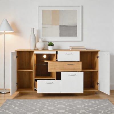 Komhtom - Moderne dressoirkast met LED-verlichting - 160×40×77 cm - 2 deuren, 4 lades en glazen plank - Multifunctionele kast in houtlook en wit