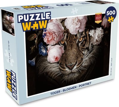 Puzzel Tijger - Bloemen - Portret - Legpuzzel - Puzzel 500 stukjes