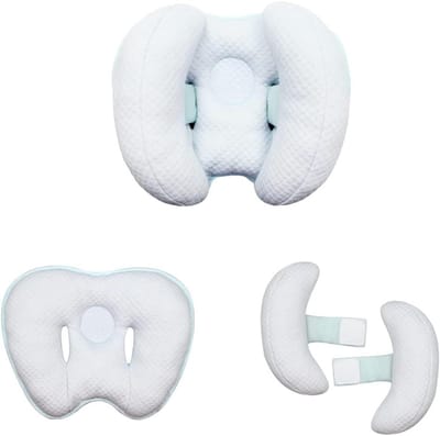 2-in-1 reiskussen voor baby's, verstelbare banaanvorm voor baby's en peuters, nek- en hoofdsteun voor in de autostoel, inlegkussen voor 3-12 maanden, blauw.