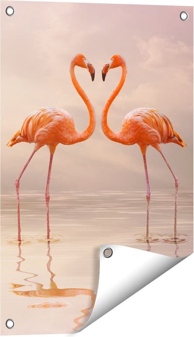 Gards Tuinposter Twee Flamingo's in een Hartjes Vorm - 40x60 cm - Tuindoek - Tuindecoratie - Wanddecoratie buiten - Tuinschilderij